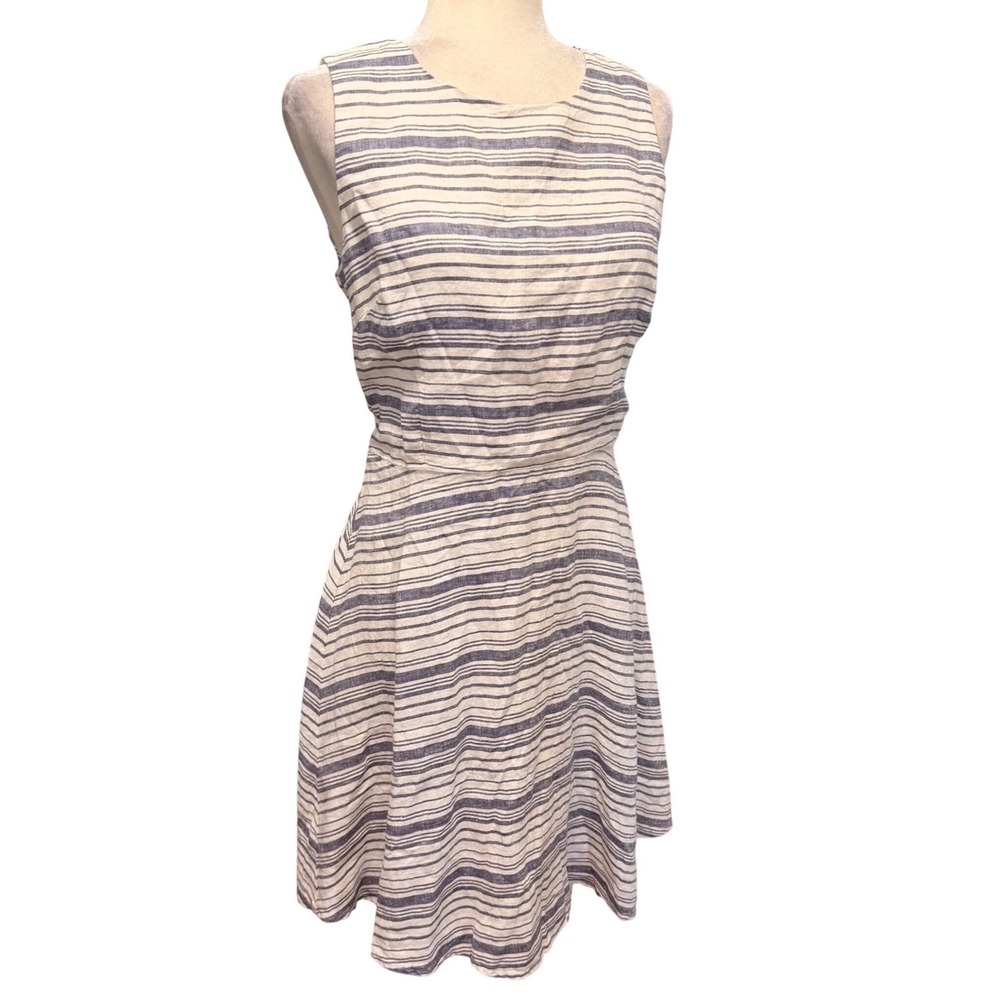 Womens Fit Flareβ Dress Sz 8 Blue White Striped 100% Linen Sleeveless Minimalist